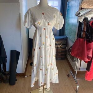 White Tiered Midi Dress with Orange Floral Embroidery